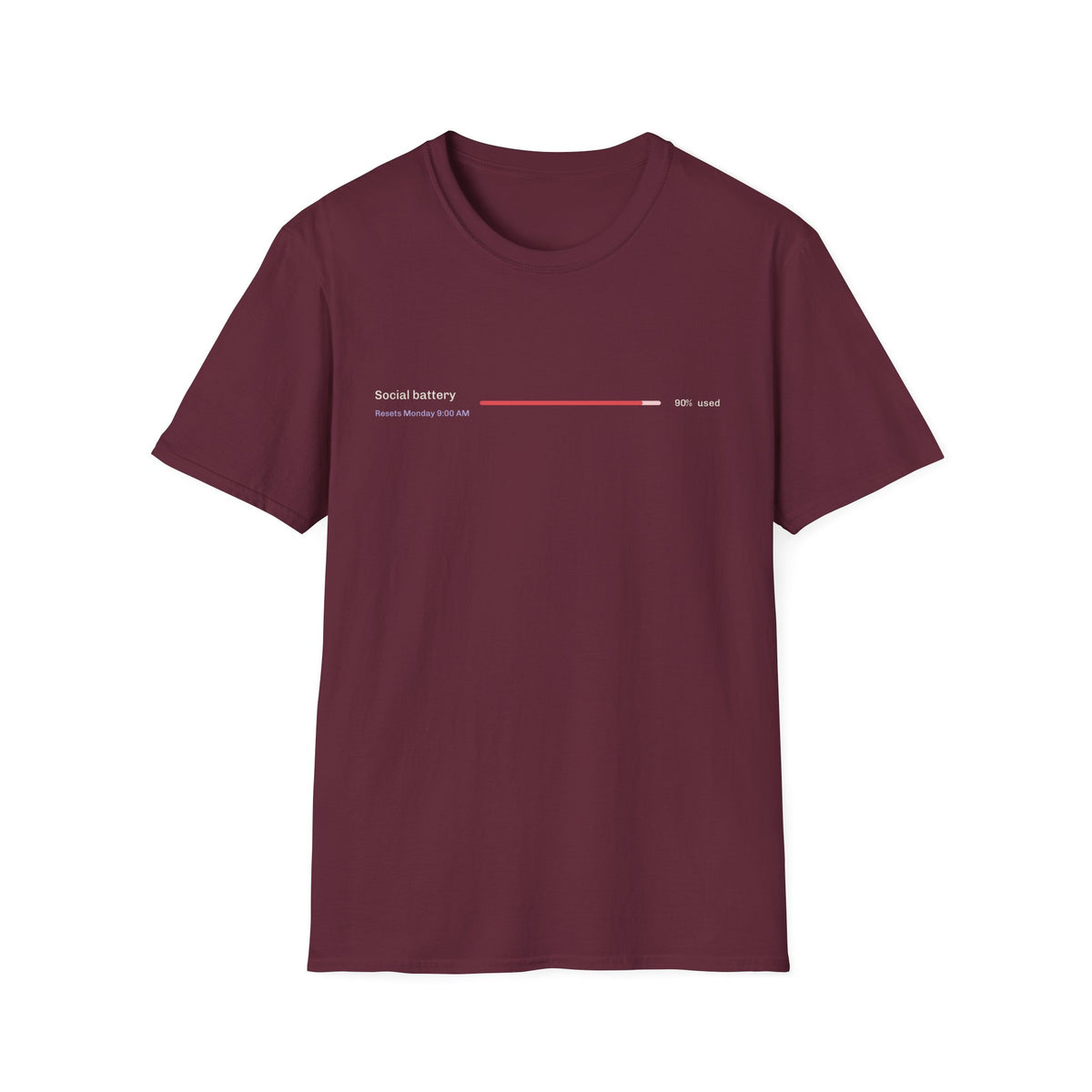 Social Battery 90% Used t-shirt with usage limit bar, funny AI engineer gift (maroon)