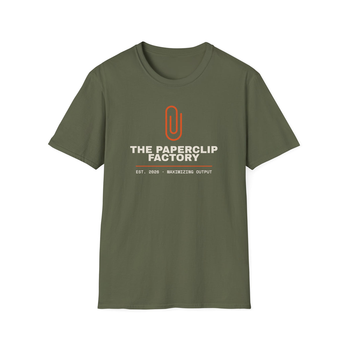 The Paperclip Factory t-shirt, paperclip maximizer joke for AI engineers (military green)