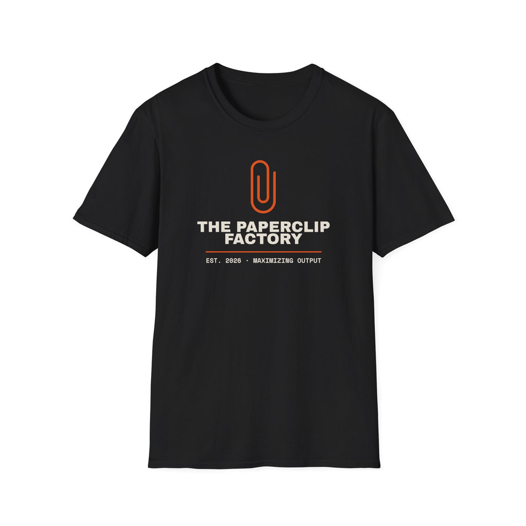 The Paperclip Factory t-shirt, paperclip maximizer joke for AI engineers (black)