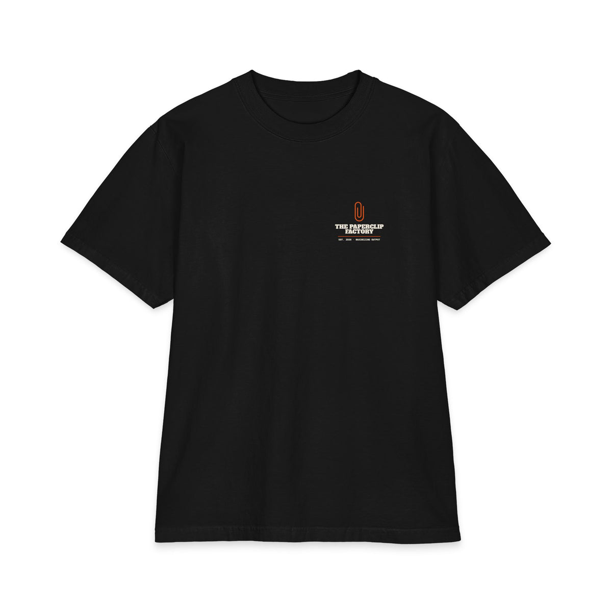 The Paperclip Factory heavyweight boxy tee, paperclip maximizer AI shirt (black)