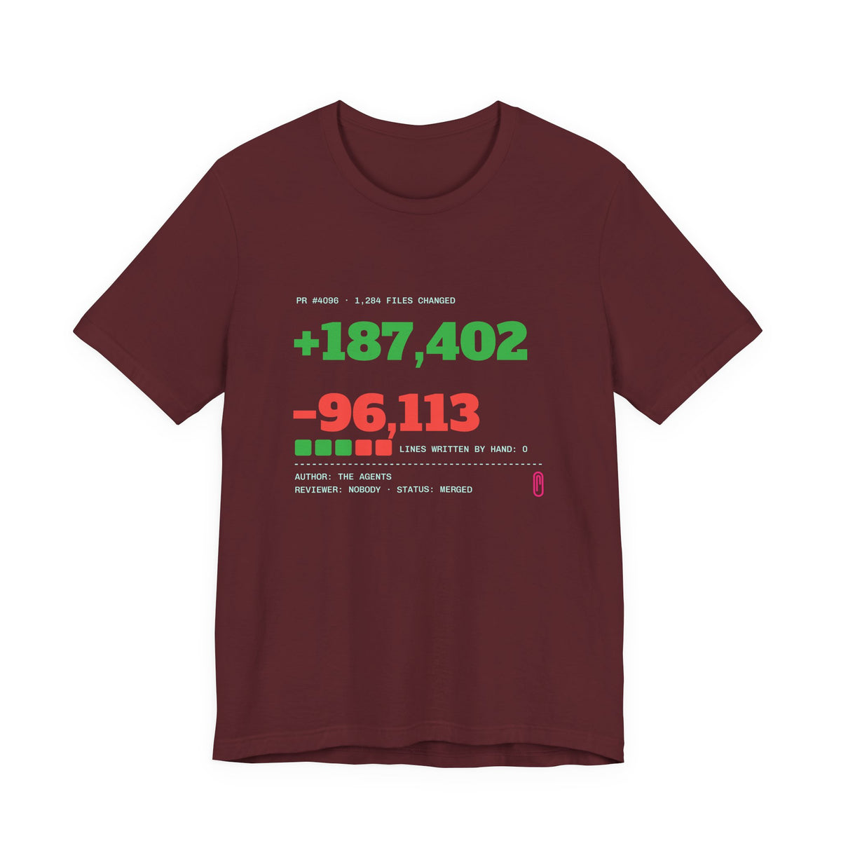 Diff Stat t-shirt with a giant code diff, funny code review gift for developers (maroon)