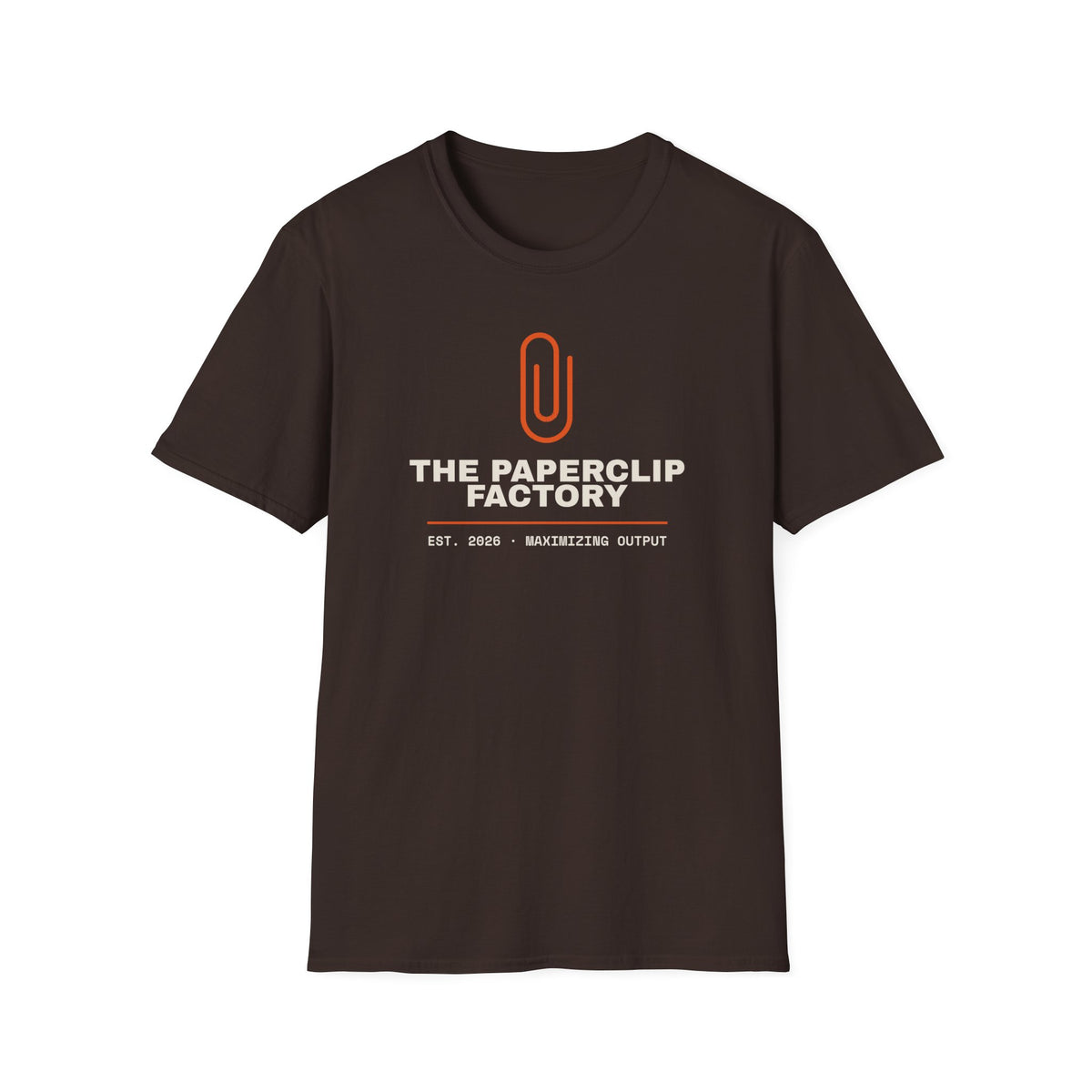 The Paperclip Factory t-shirt, paperclip maximizer joke for AI engineers (dark chocolate)