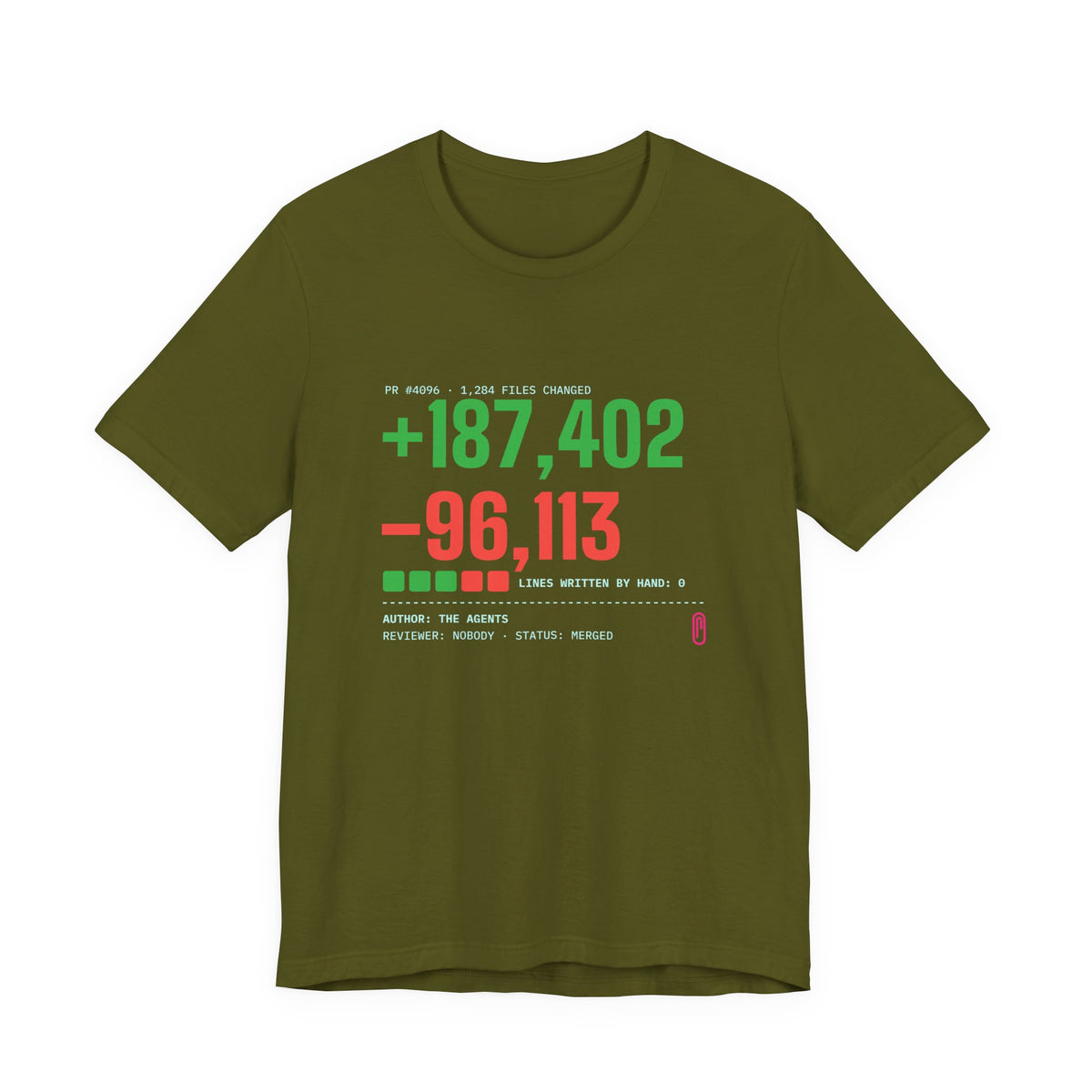 Diff Stat t-shirt with a giant code diff, funny code review gift for developers (olive)