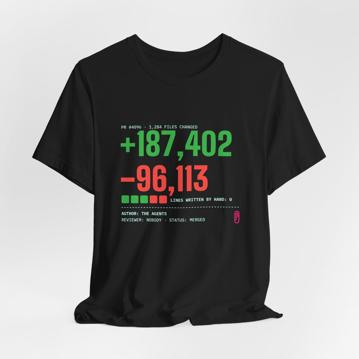 Diff Stat t-shirt with a giant code diff, funny code review gift for developers