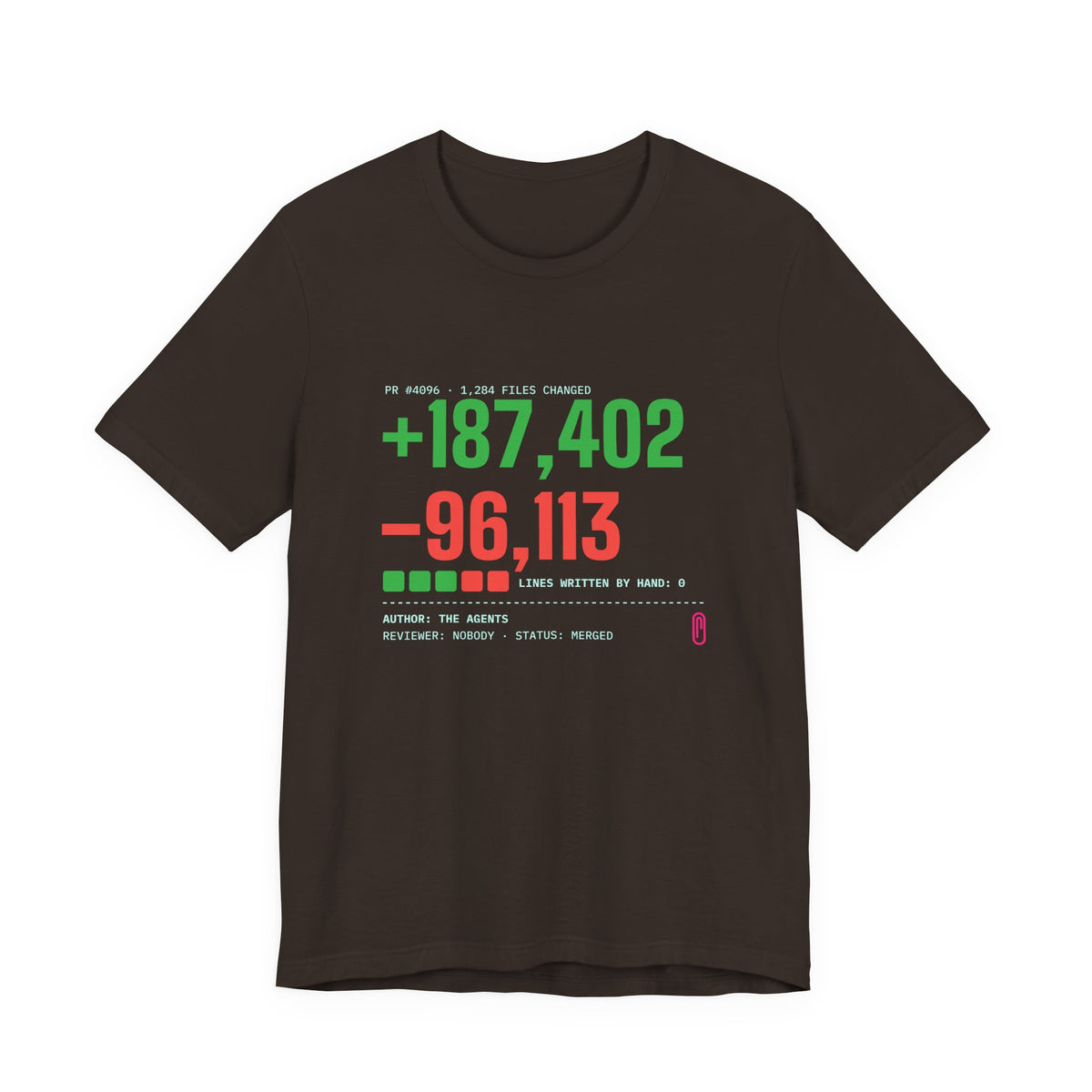 Diff Stat t-shirt with a giant code diff, funny code review gift for developers (brown)