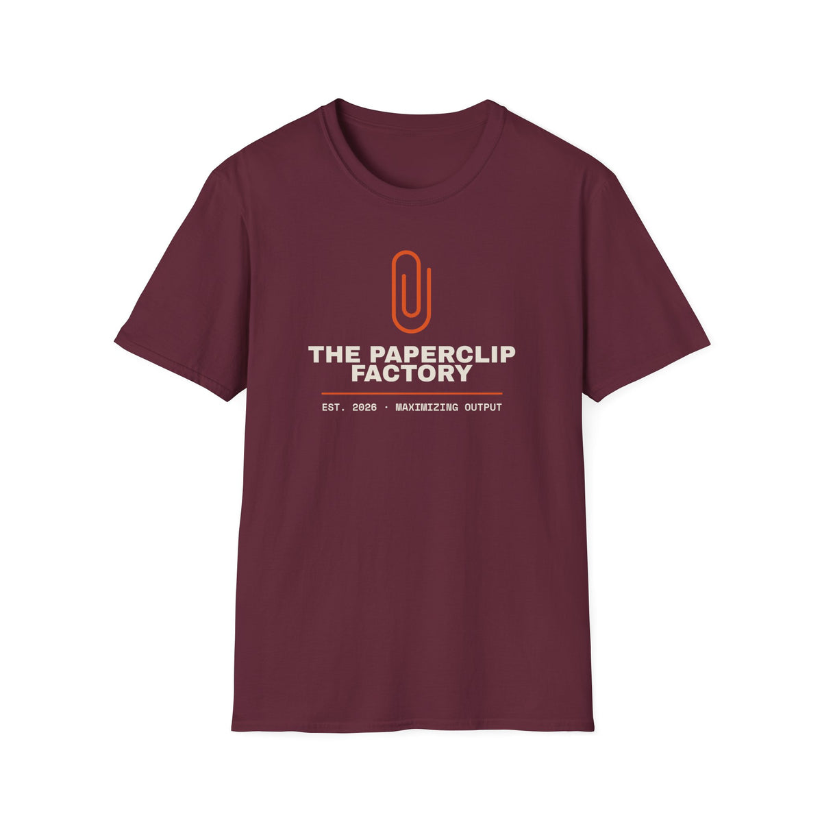 The Paperclip Factory t-shirt, paperclip maximizer joke for AI engineers (maroon)
