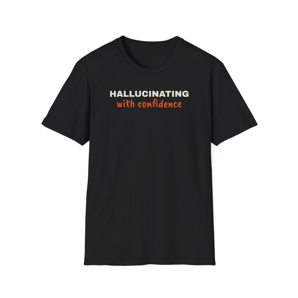 Hallucinating With Confidence t-shirt, funny LLM gift for AI engineers (black)