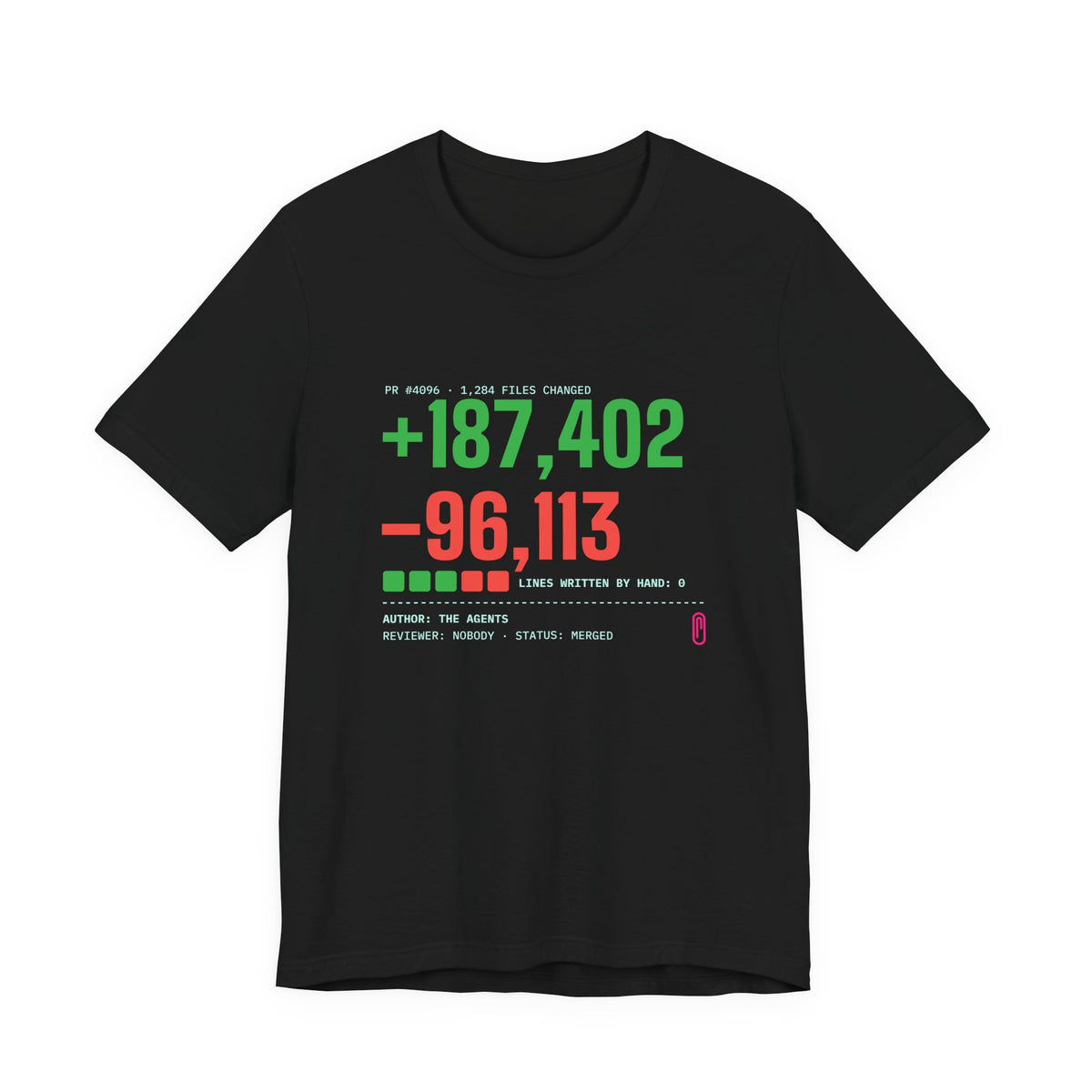 Diff Stat t-shirt with a giant code diff, funny code review gift for developers (black)