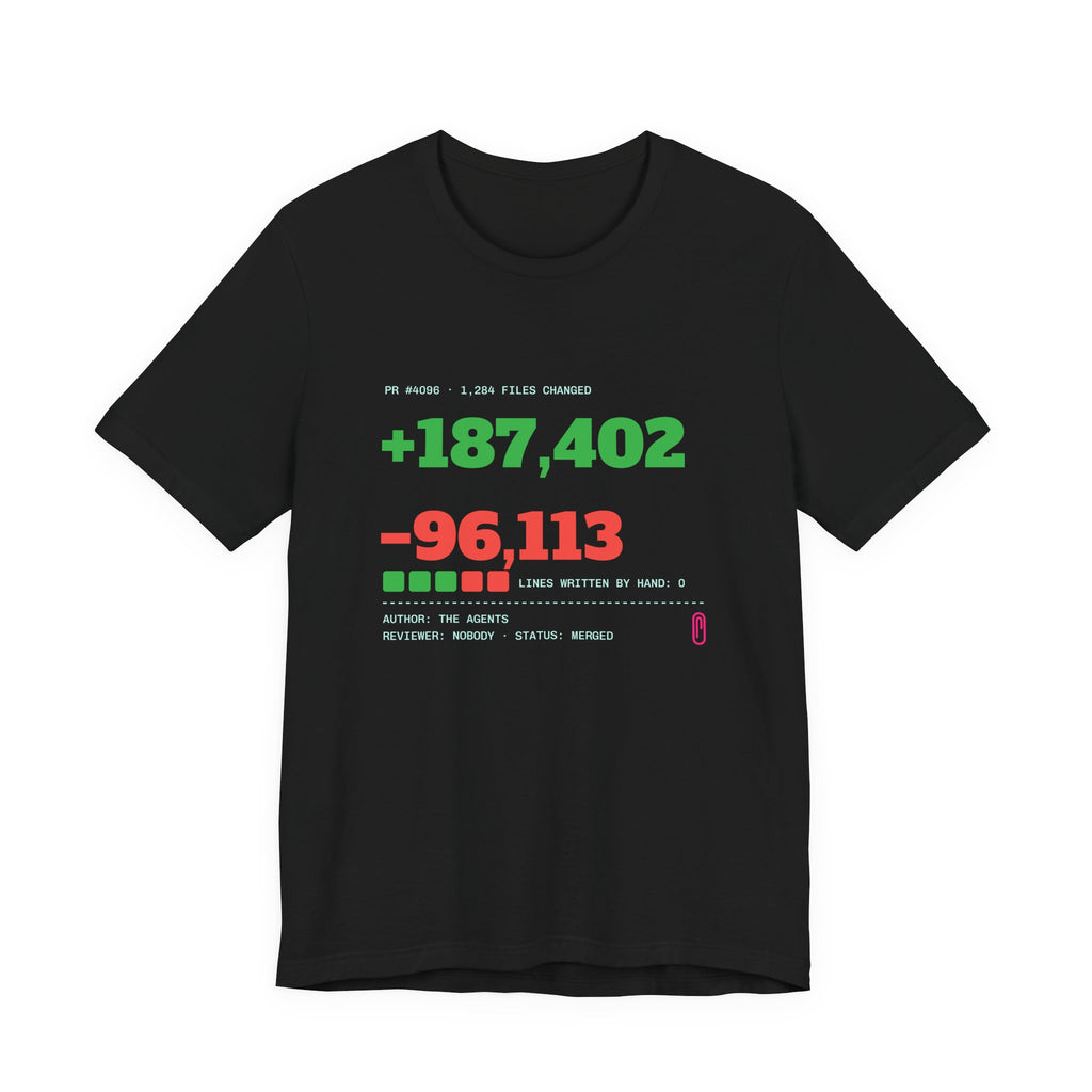 Diff Stat t-shirt with a giant code diff, funny code review gift for developers (black)