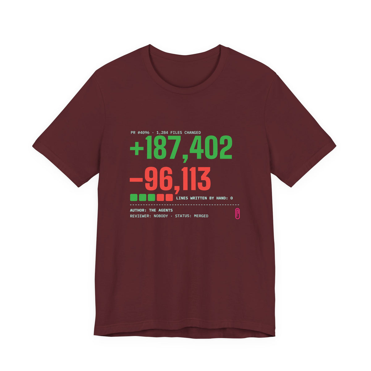 Diff Stat t-shirt with a giant code diff, funny code review gift for developers (maroon)
