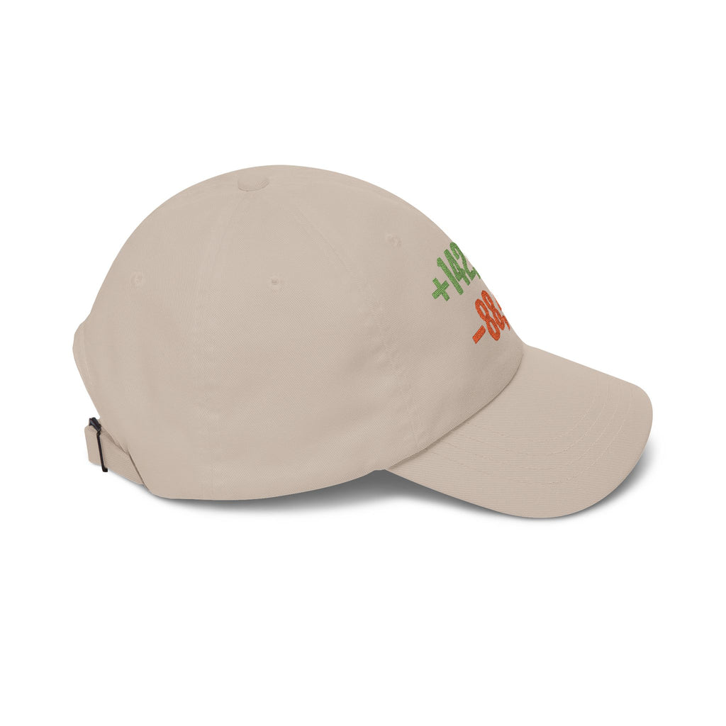 Diff Stat embroidered dad hat with green and red code diff numbers, developer gift