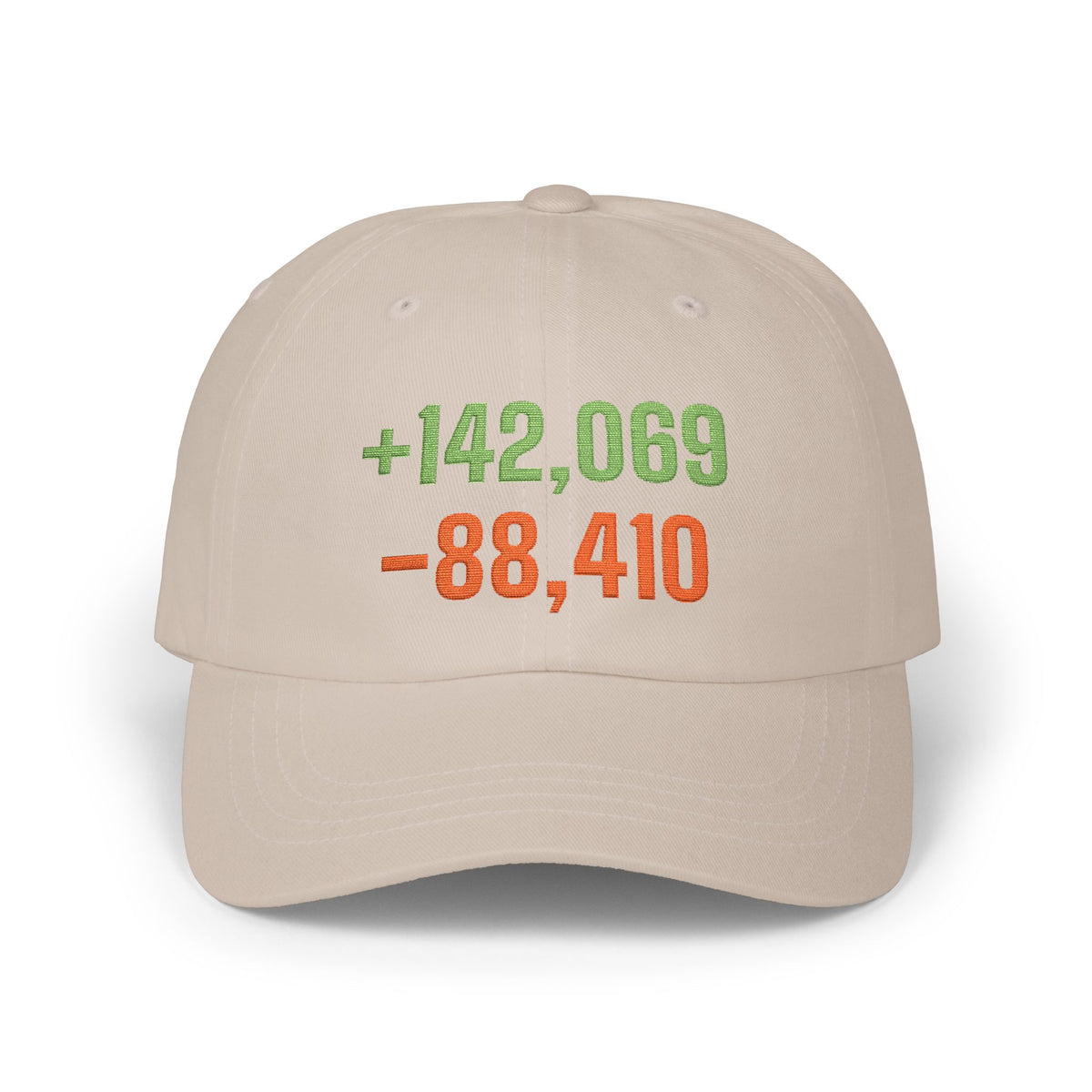 Diff Stat embroidered dad hat with green and red code diff numbers, developer gift (stone)