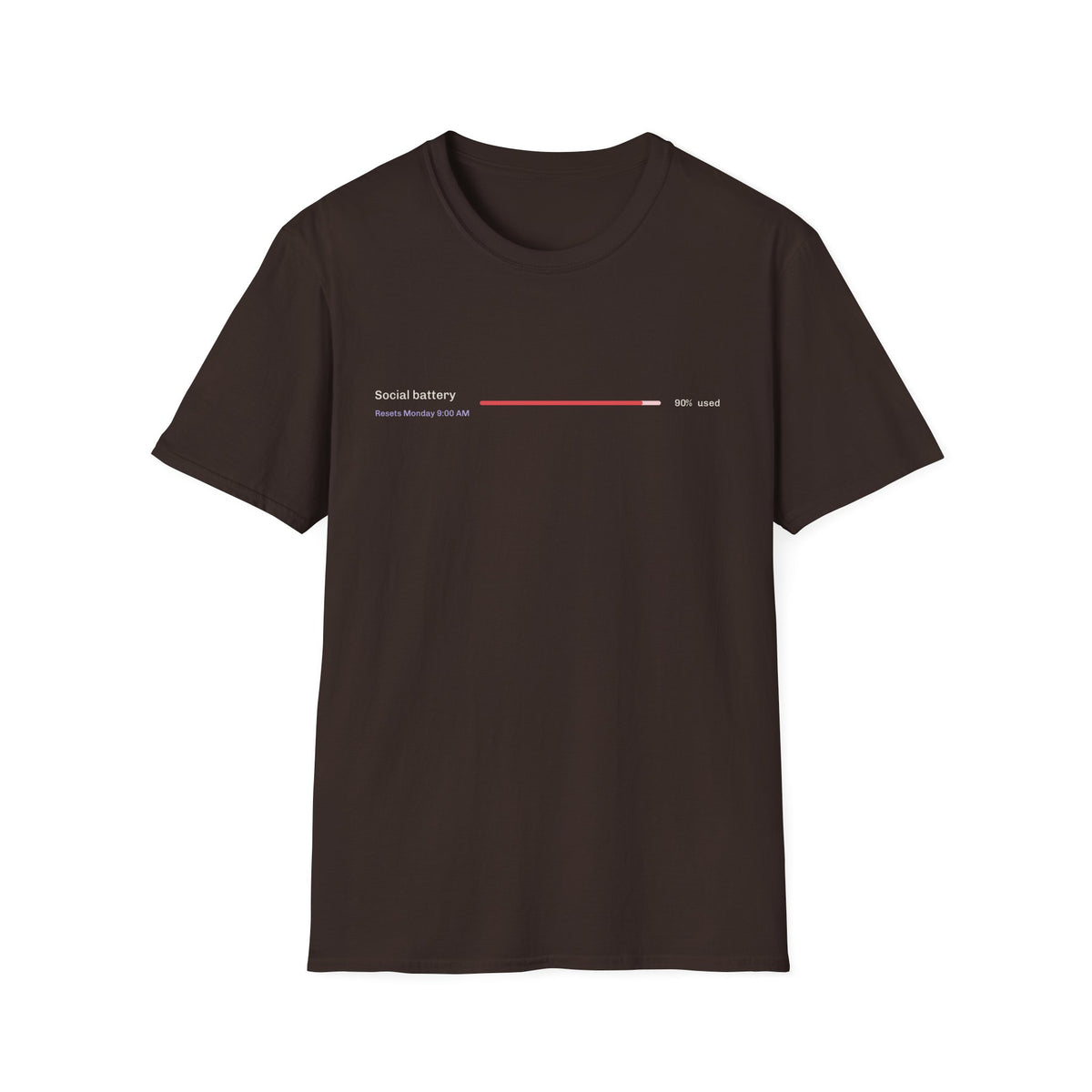 Social Battery 90% Used t-shirt with usage limit bar, funny AI engineer gift (dark chocolate)