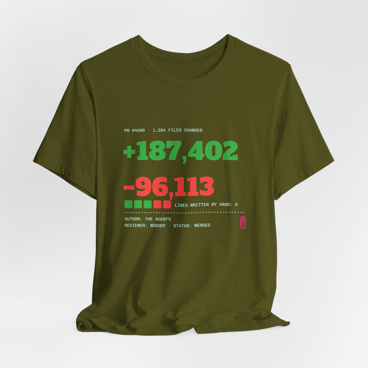 Diff Stat t-shirt with a giant code diff, funny code review gift for developers