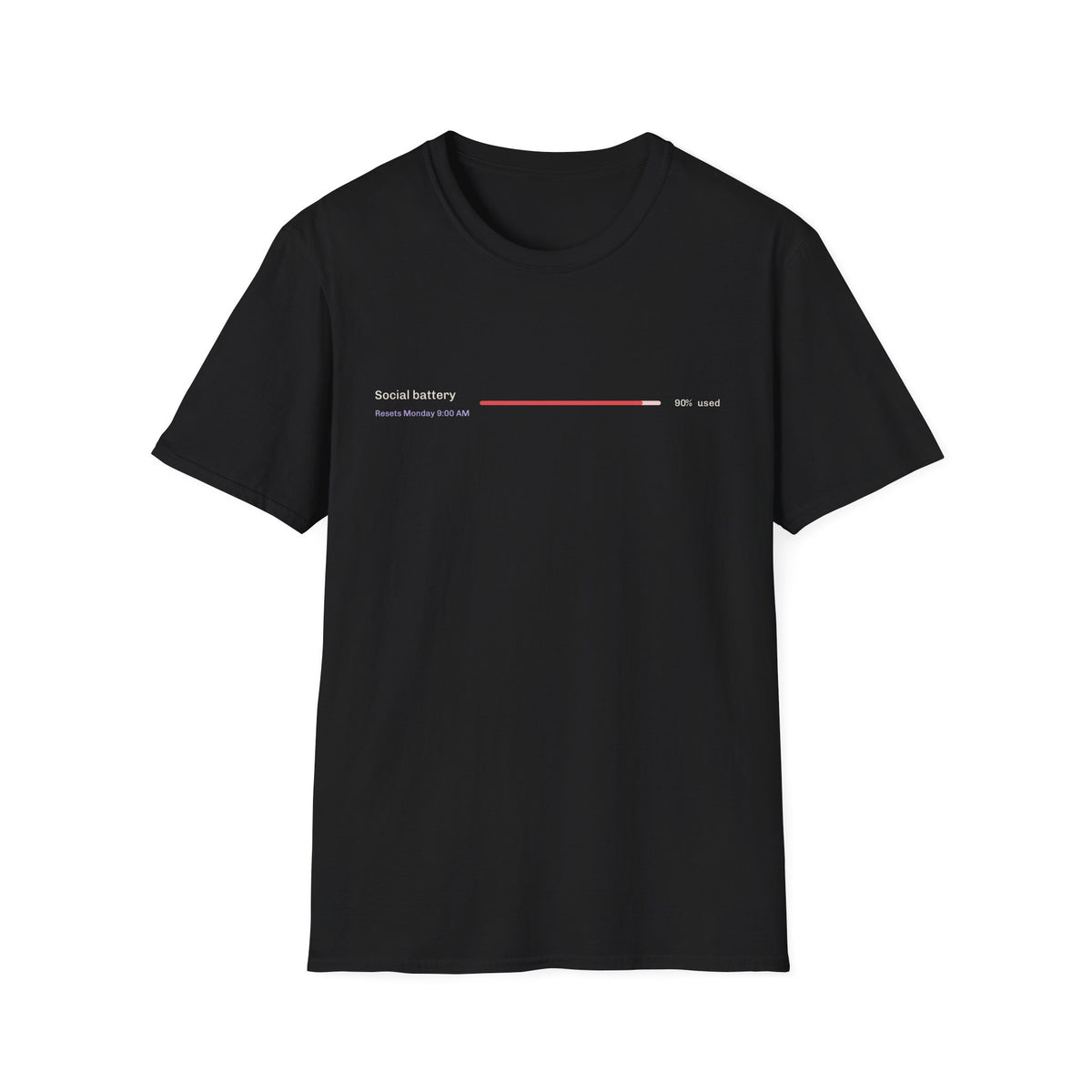 Social Battery 90% Used t-shirt with usage limit bar, funny AI engineer gift (black)
